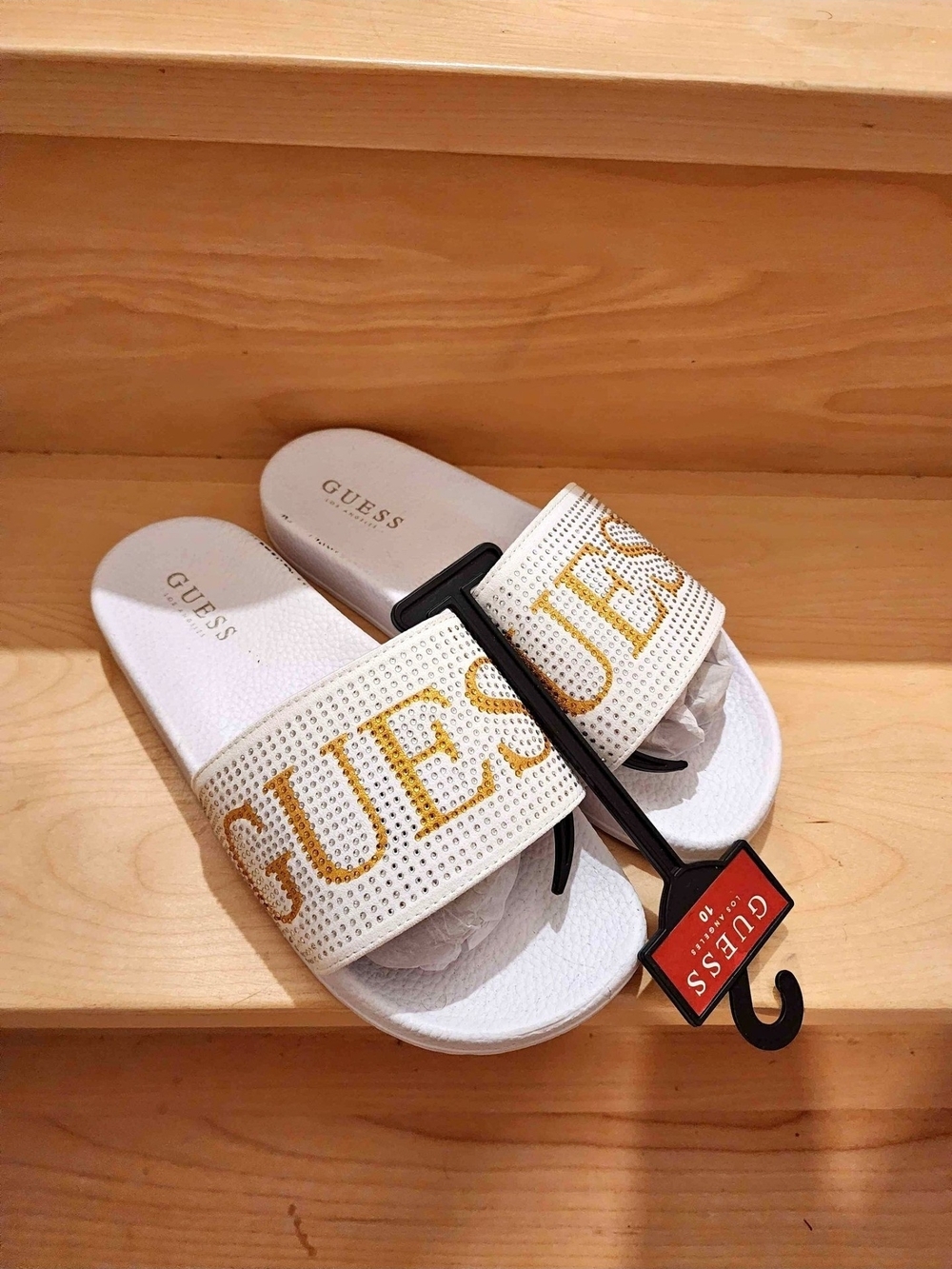 GUESS White Slide Sandals with Gold Logo Detailing